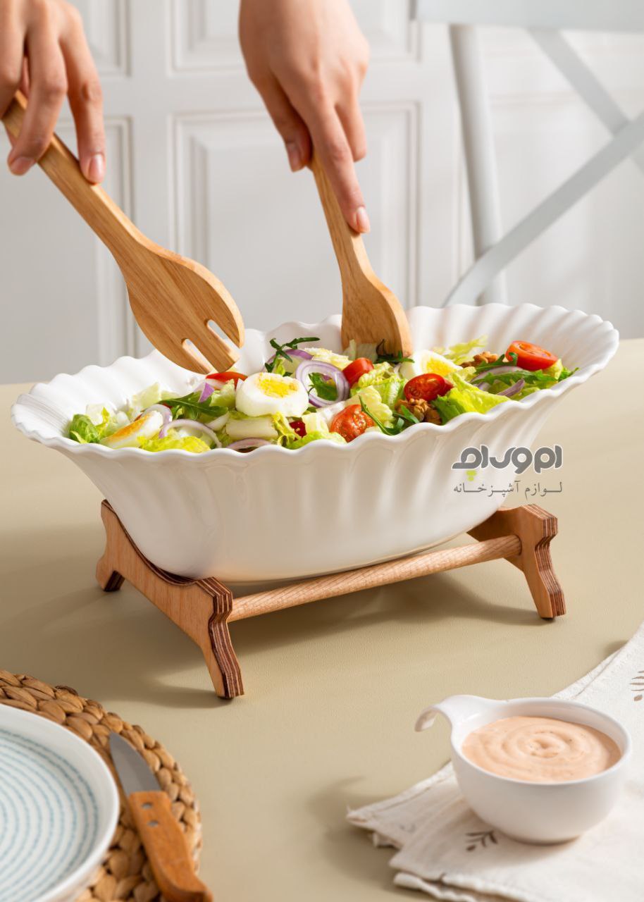 سالاد خوری سرامیکی بیضی خورشید پایه چوبی
