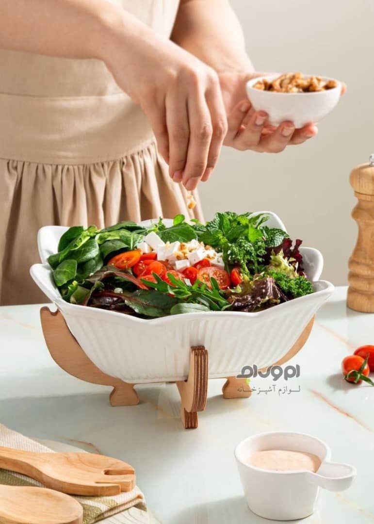 سالاد خوری سرامیکی مربع خورشید پایه چوبی