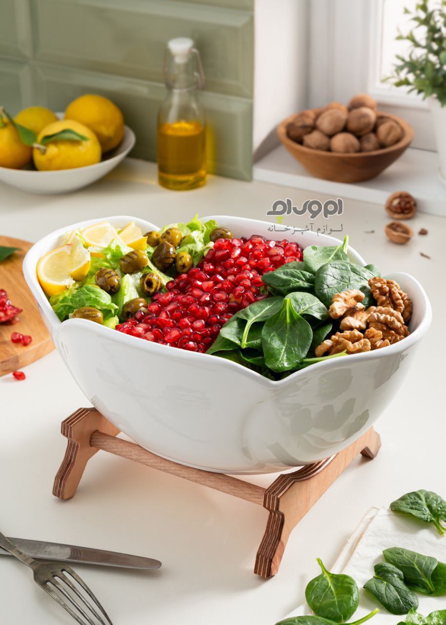 سالاد خوری سرامیکی بیضی لاله پایه چوبی